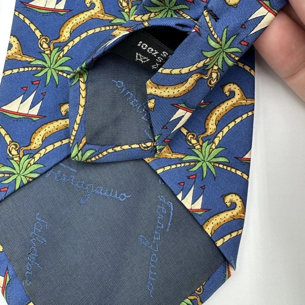 Salvatore Ferragamo Mens Silk Tie Blue Nautical Palm Tree Sailboat Made in Italy